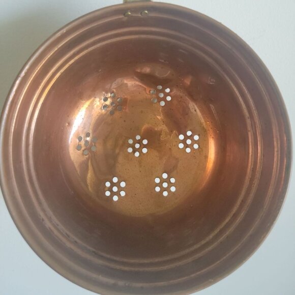 Antique vintage copper hanging strainer colander wood-brass handle - Picture 3 of 5